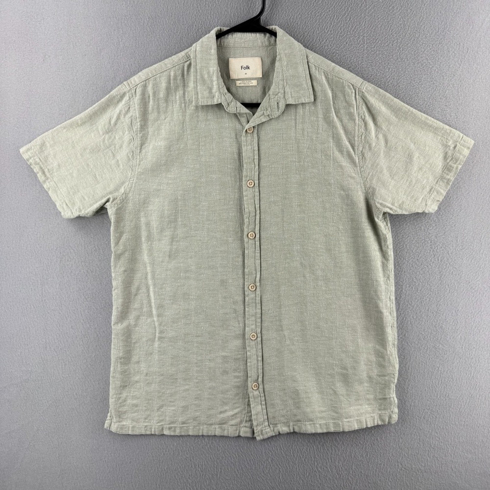 Folk Clothing Shirt Mens Medium Linen Blend Button Up Short Sleeve
